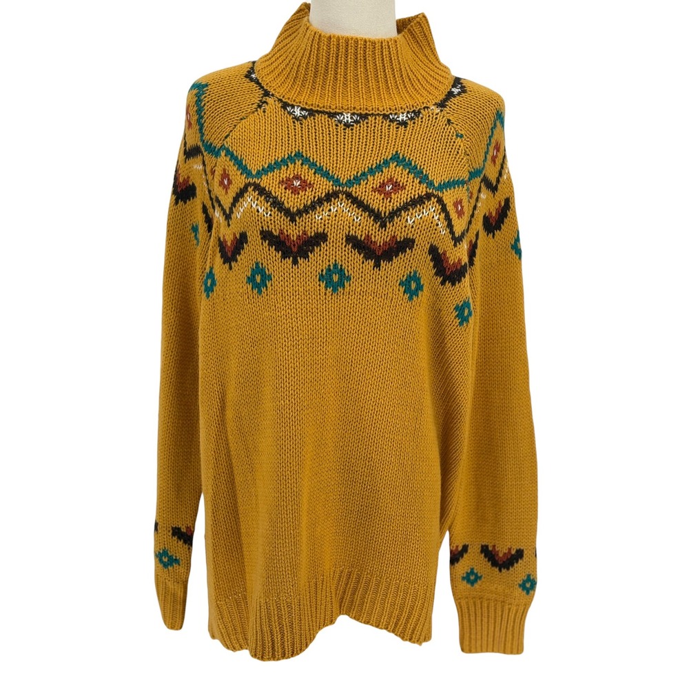 Wrangler Sweater Mustard Yellow Southwestern Geometric Mock Neck XL